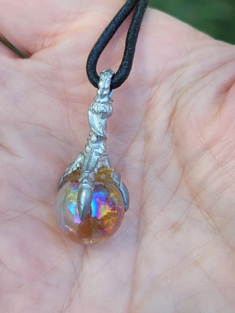 Vintage Silver Tone Dragon Bird Claw Pendant Holding an Iridescent Crystal Ball